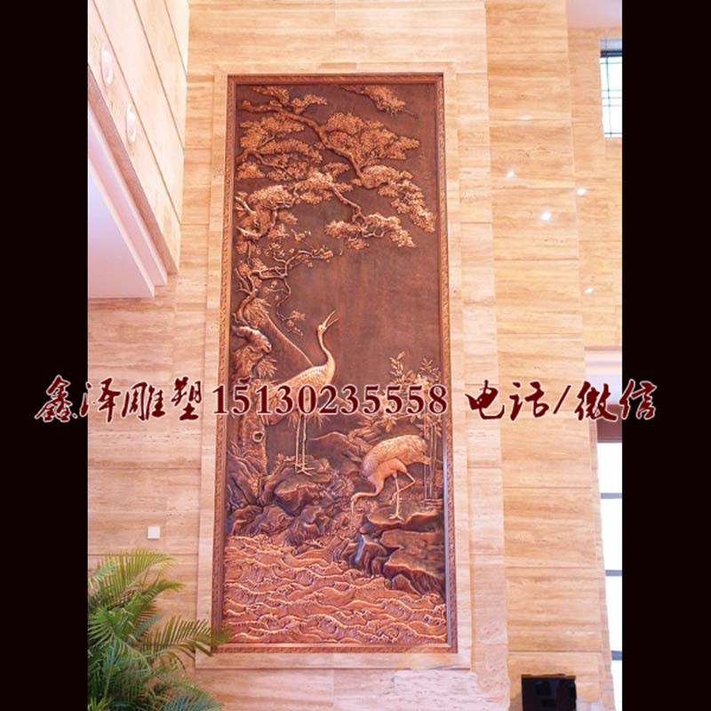 酒店大堂室内背景墙锻铜浮雕壁画仙鹤松柏浮雕雕塑图片定做